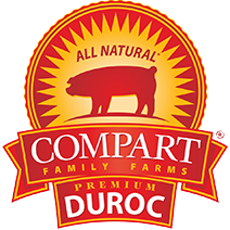 Compart Family Farms logo with a pig illustration and text about all natural and premium Duroc products.