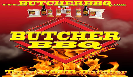 Butcher BBQ advertisement with logo, products, and flames on a red background