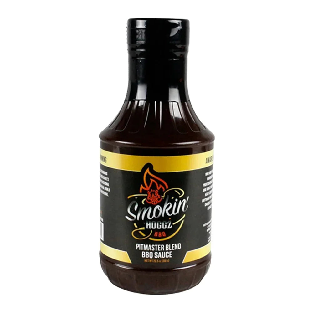 Bottle of Smokin' Hoggz BBQ sauce on a white background