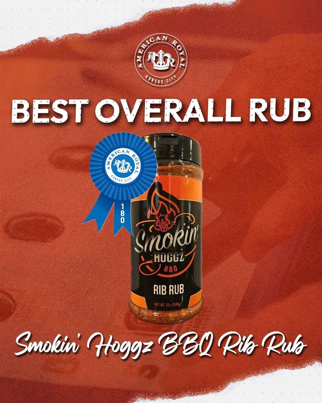 Smokin' Hoggz BBQ Rib Rub bottle with a blue ribbon on a red background, featuring the American Royal logo.