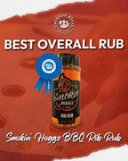 Smokin' Hoggz BBQ Rib Rub bottle with a blue ribbon on a red background, featuring the American Royal logo.