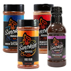 Collection of Smokin' Huggz BBQ products including jars and a bottle on a white background